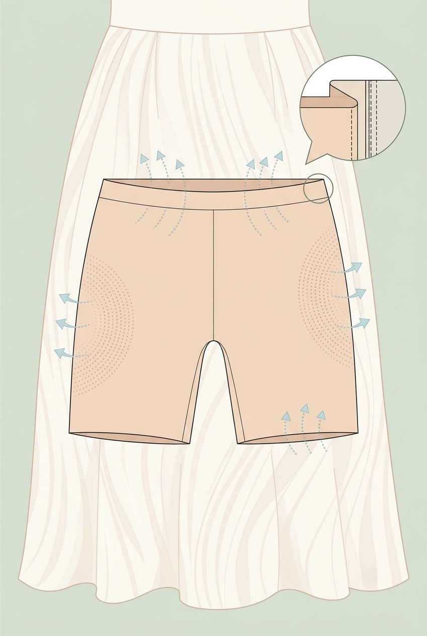 Woman wearing lightweight, seamless nude cooling slip shorts under a flowing summer linen dress to prevent thigh chafing.