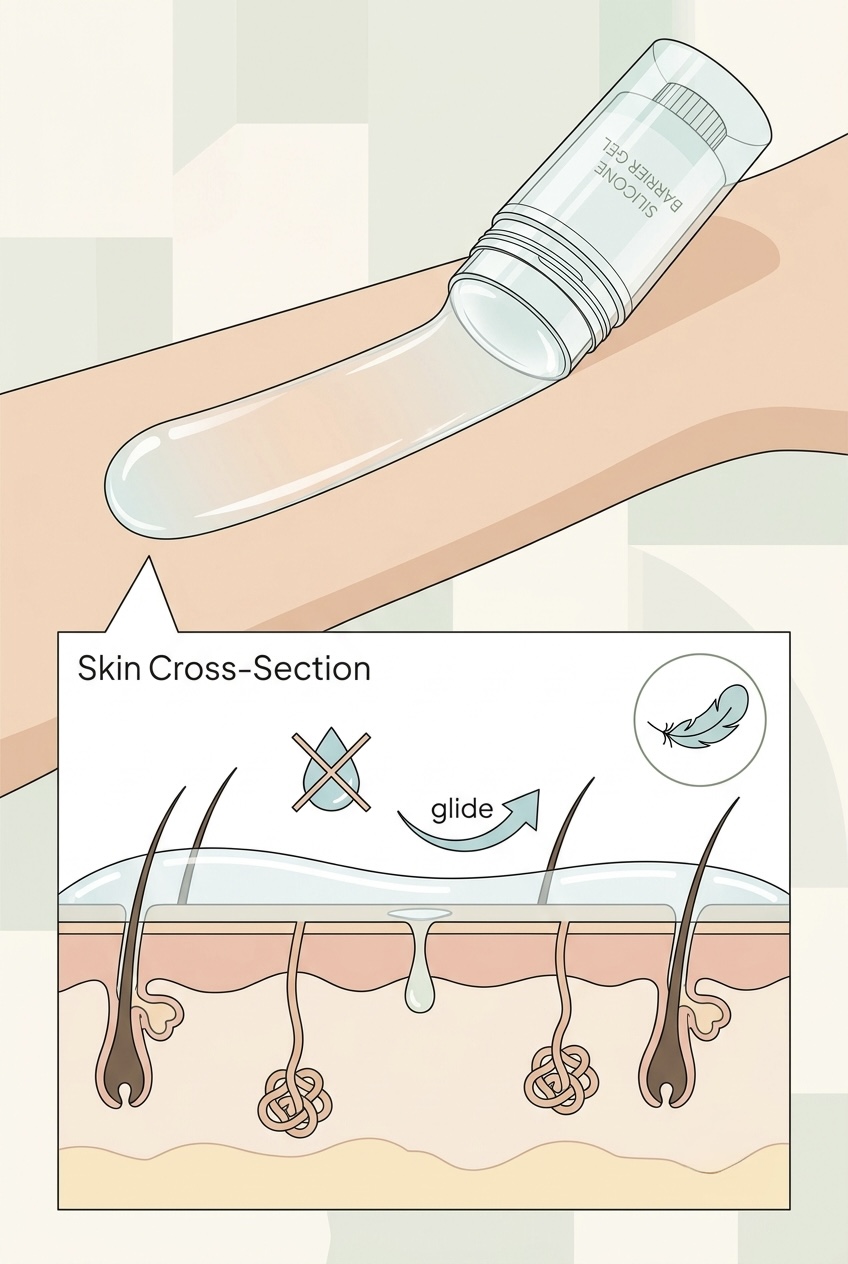 Close-up of a clear silicone-based anti-chafe balm and dimethicone primer used to create an invisible, friction-free barrier on skin.