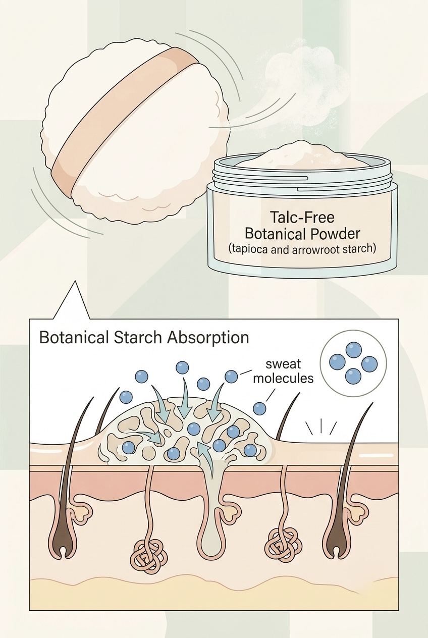 Natural talc-free body powder with tapioca and arrowroot starch applied with a soft powder puff for sweat absorption in summer heat.