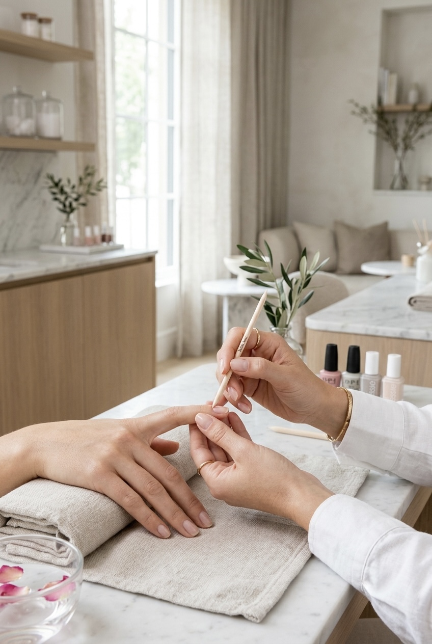 Woman typing comfortably on a laptop keyboard with neat, short natural nails that look expensive and well-groomed.