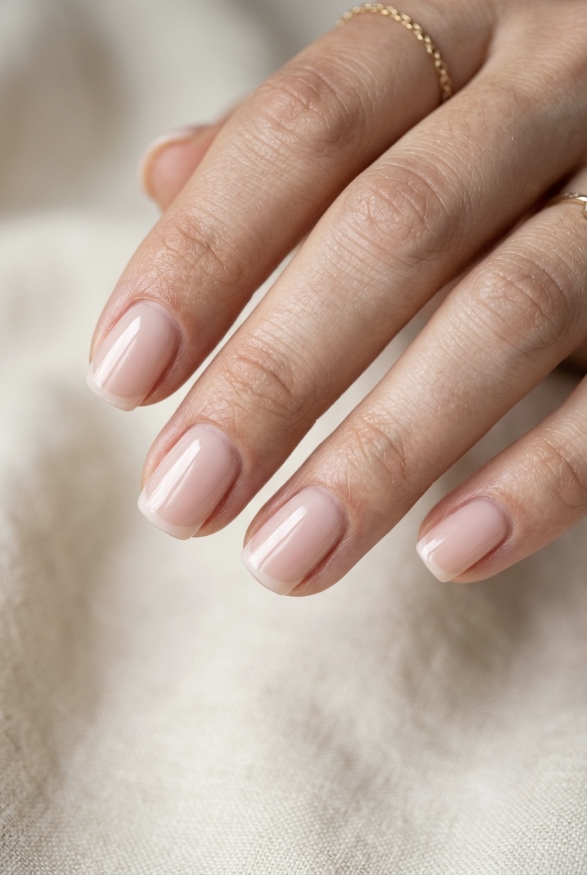 Close-up demonstration of the Italian manicure technique on short nails, leaving a thin side gap to visually elongate the nail bed.