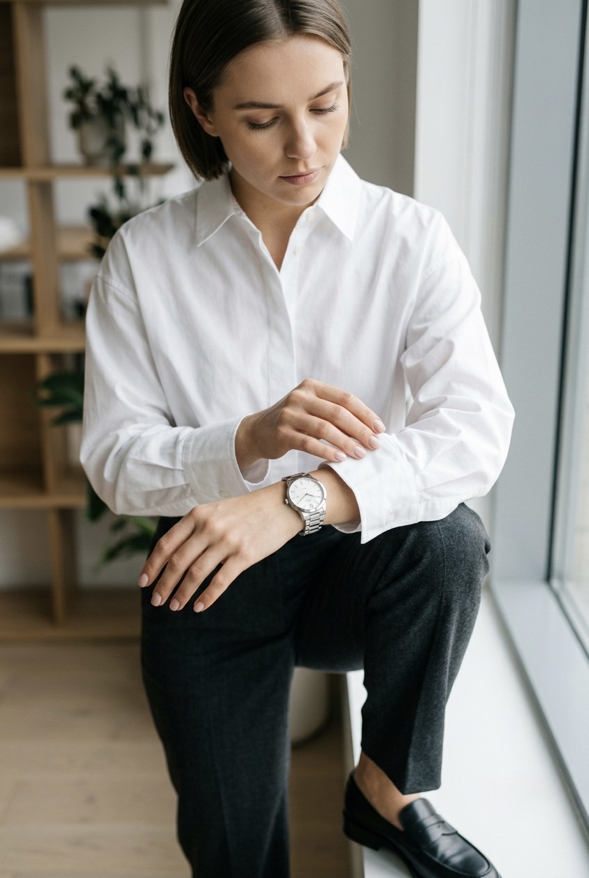 Woman wearing tailored workwear trousers and a crisp white shirt, showcasing a glossy milky nude short manicure.
