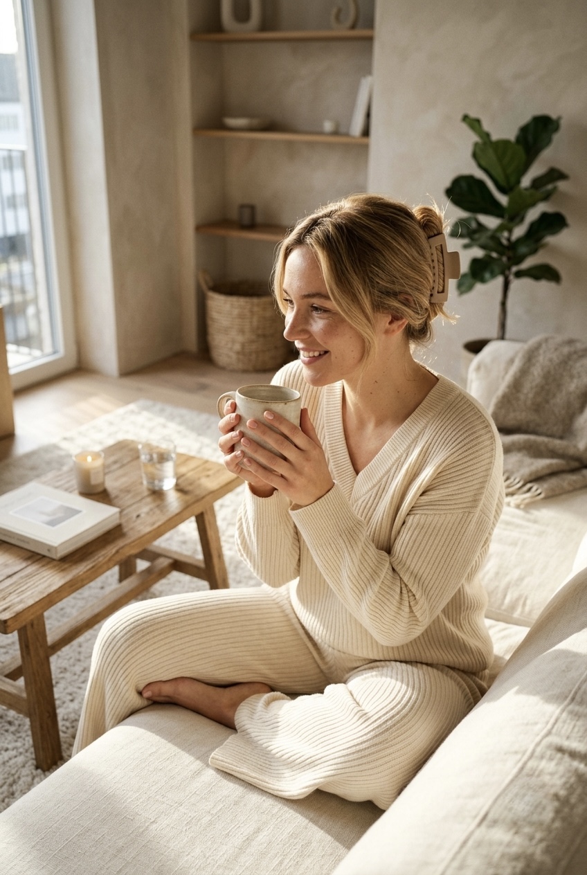 Bare, perfectly buffed short nails treated with high-shine cuticle oil, paired with a cozy cream knit loungewear set.