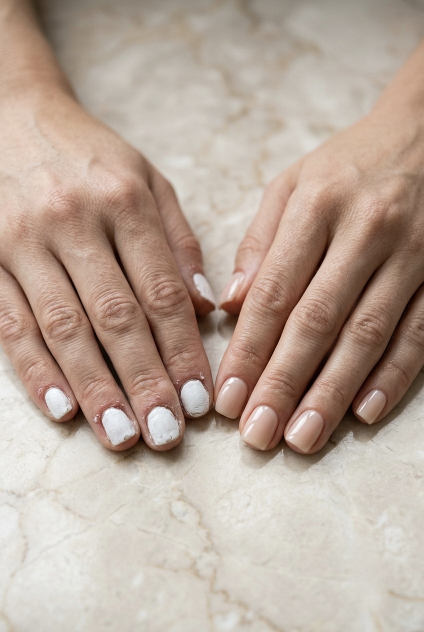 Clean, healthy short nails with smooth, buffed surfaces and spotless undersides for an elevated quiet luxury appearance.