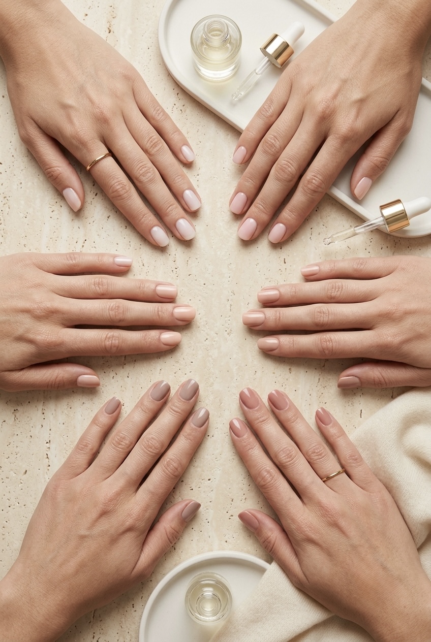 Flat lay of luxury manicure essentials including a glass nail file, orange wood cuticle sticks, and nourishing cuticle oil.