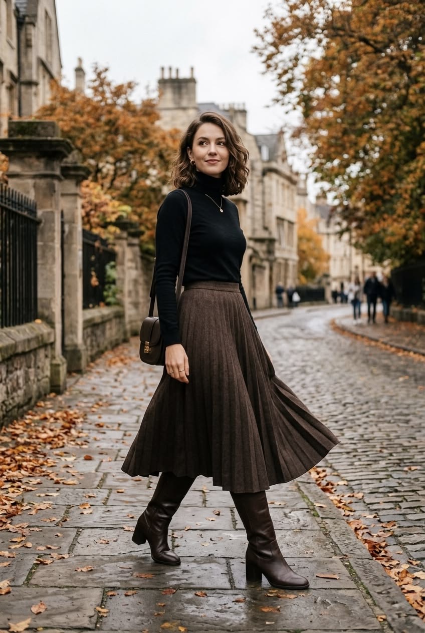 Architectural mocha brown column midi skirt featuring a subtle drape and structured heavy cotton blend for transitional autumn styling.
