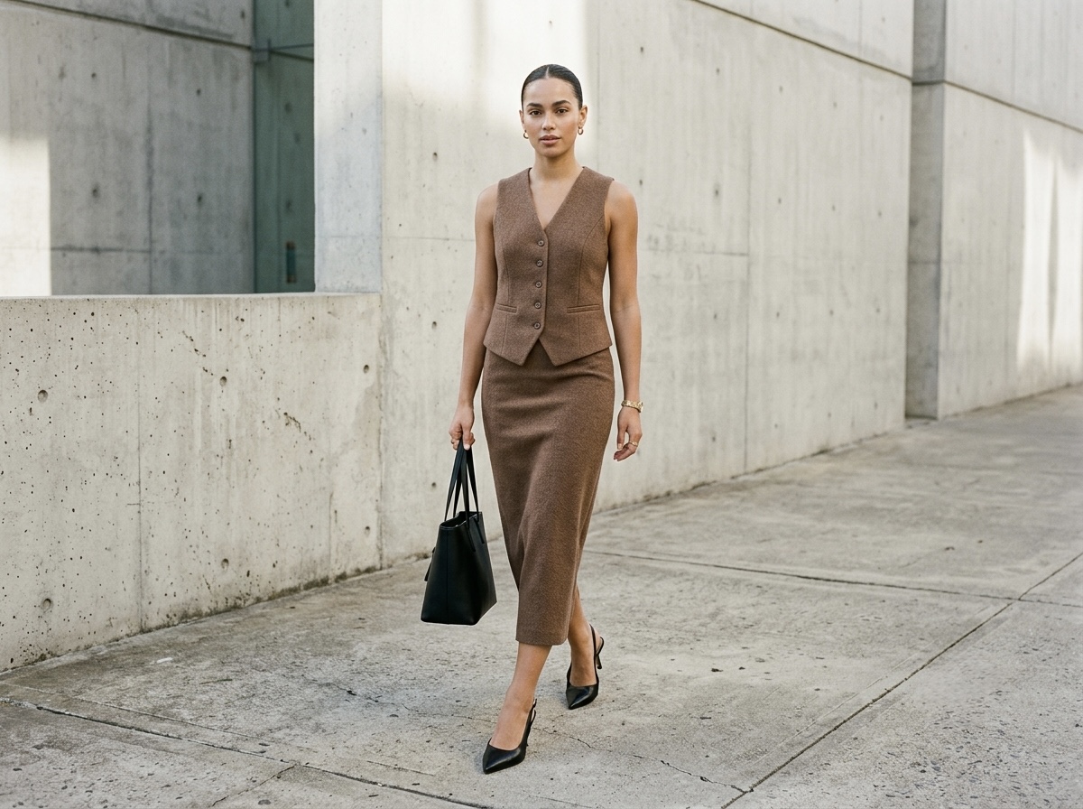 Sharp neutral buttoned waistcoat worn as a sleeveless top to add masculine structure to a fluid personality skirt.