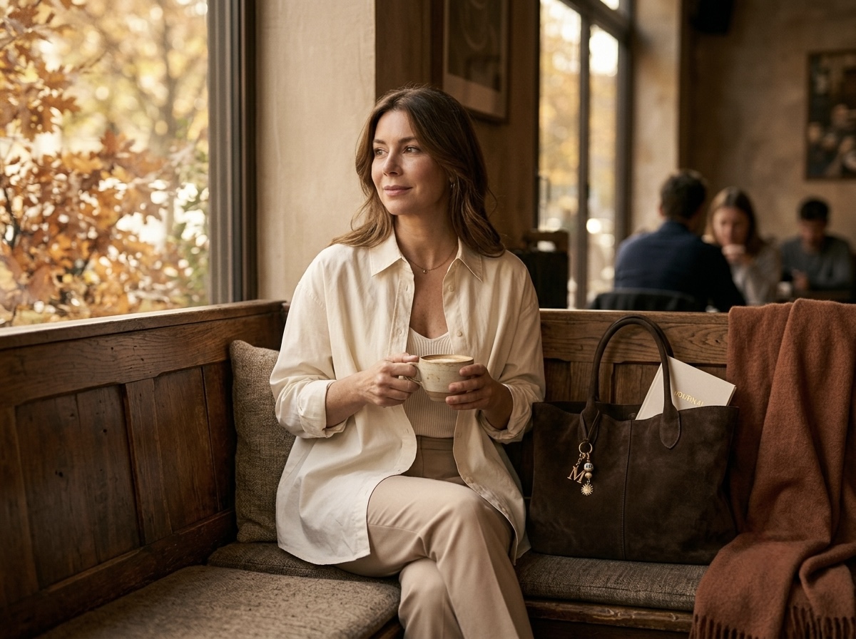 Woman commanding an office boardroom presentation wearing a sharp shoulder-pad oversized blazer and carrying a personalized tote bag.