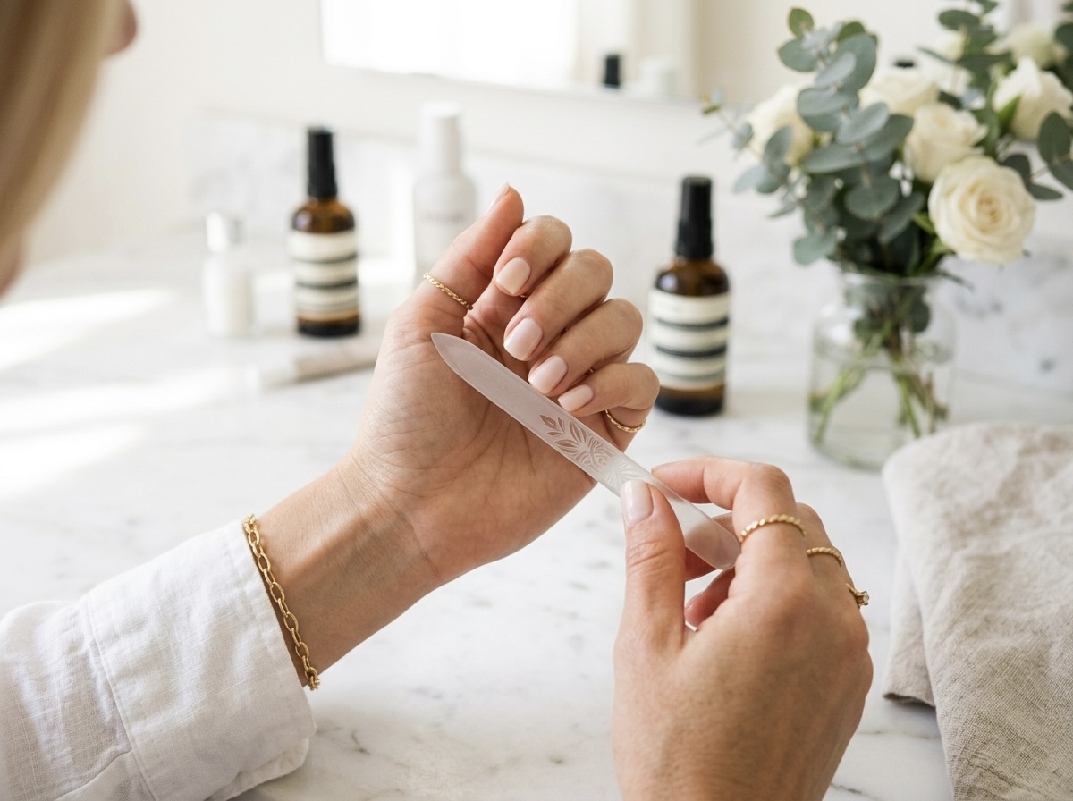 Flat lay of luxury neutral press-on nail kits displayed alongside cuticle oil and minimalist gold rings.