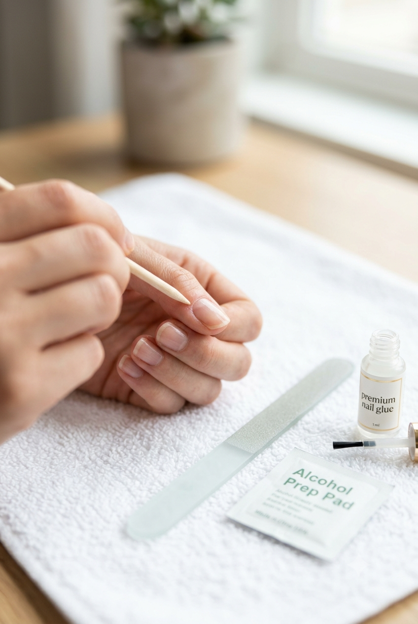 Well-hydrated hands with smooth, healthy cuticles treated with nourishing cuticle oil after a fresh press-on nail application.