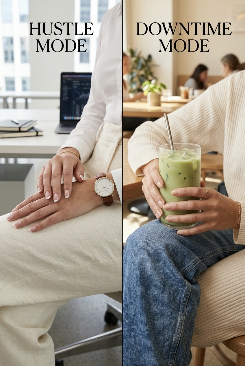 Woman relaxing at home in a cozy lounge set with a glossy, expensive-looking press-on manicure achieved on a budget.