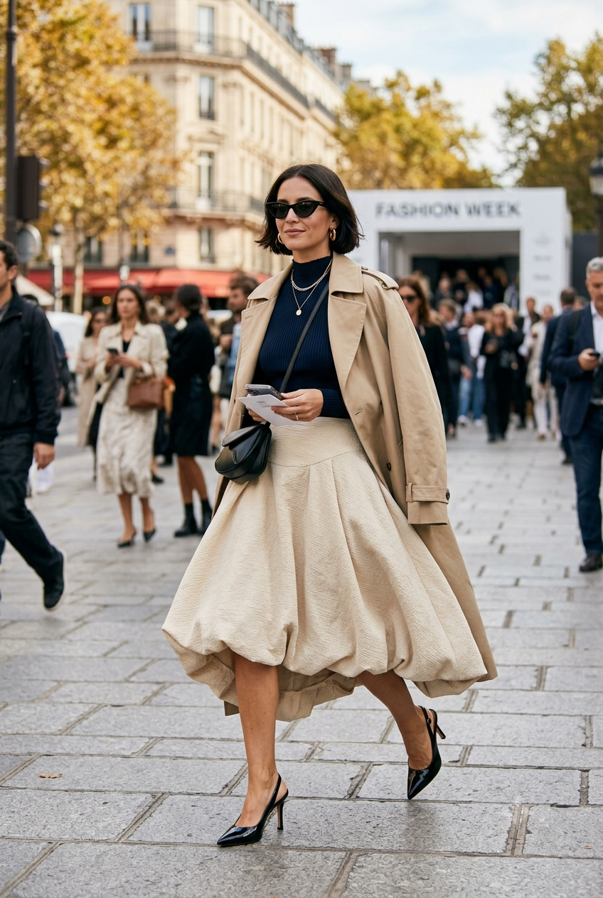 Woman walking on a city street in early autumn wearing a tailored structured vest and an architectural column skirt.