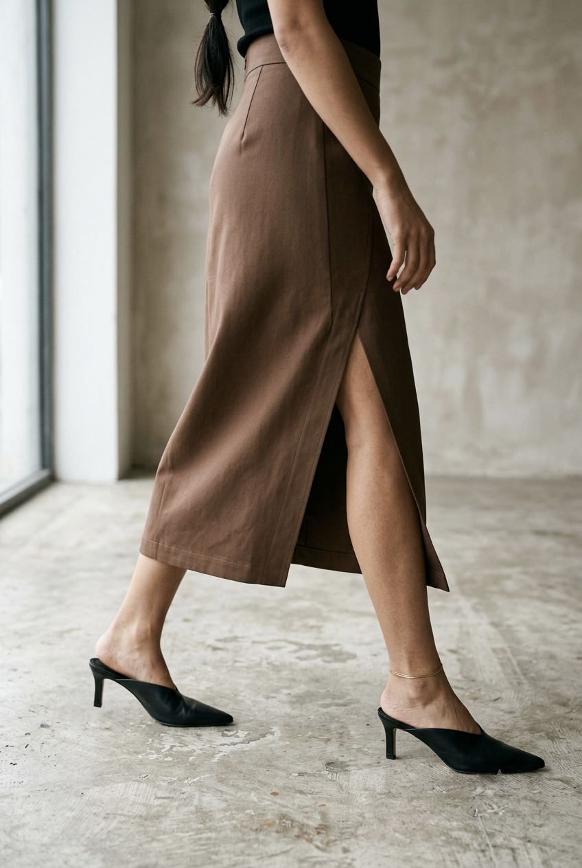 Flat lay of core September wardrobe essentials including a neutral waistcoat, column skirt, and leather tote bag.