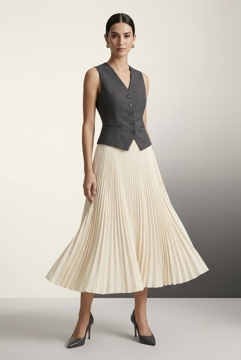 Woman wearing minimalist gold huggie hoops and a sleek low bun to complement a statement personality skirt and slingbacks.