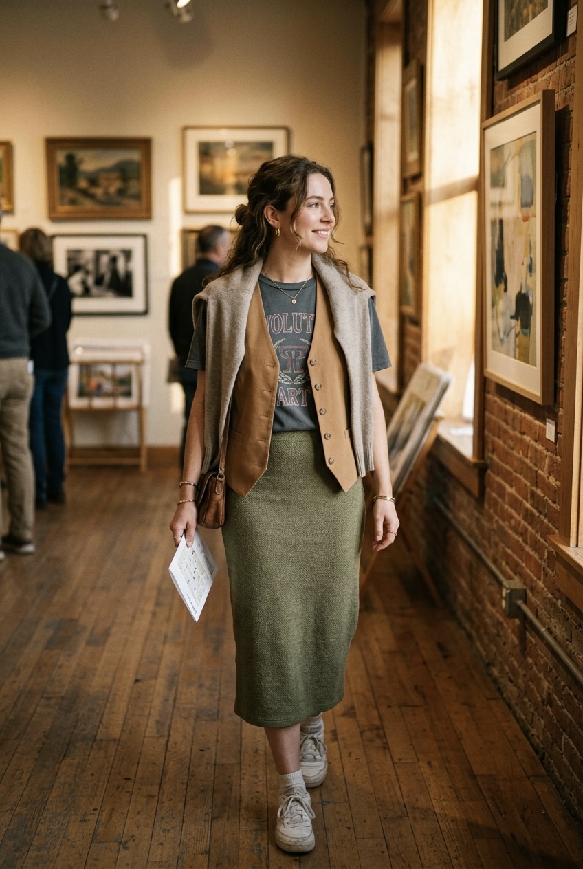 Woman unbuttoning a tailored vest and draping a cozy desaturated cashmere knit sweater over her shoulders for an evening look.