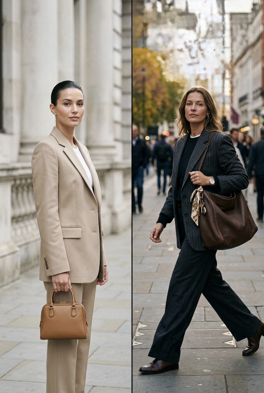 Woman wearing a structured blazer walking briskly on a city street, carrying a functional everyday tote bag packed for a busy corporate workday.