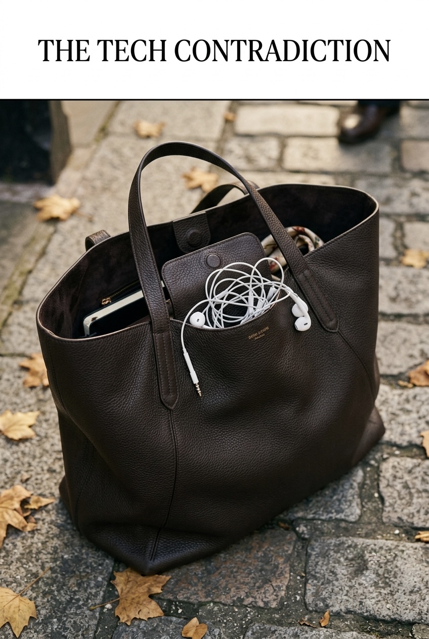 Classic white wired headphones tangling artfully out of the top pocket of a luxury leather tote bag next to a laptop.