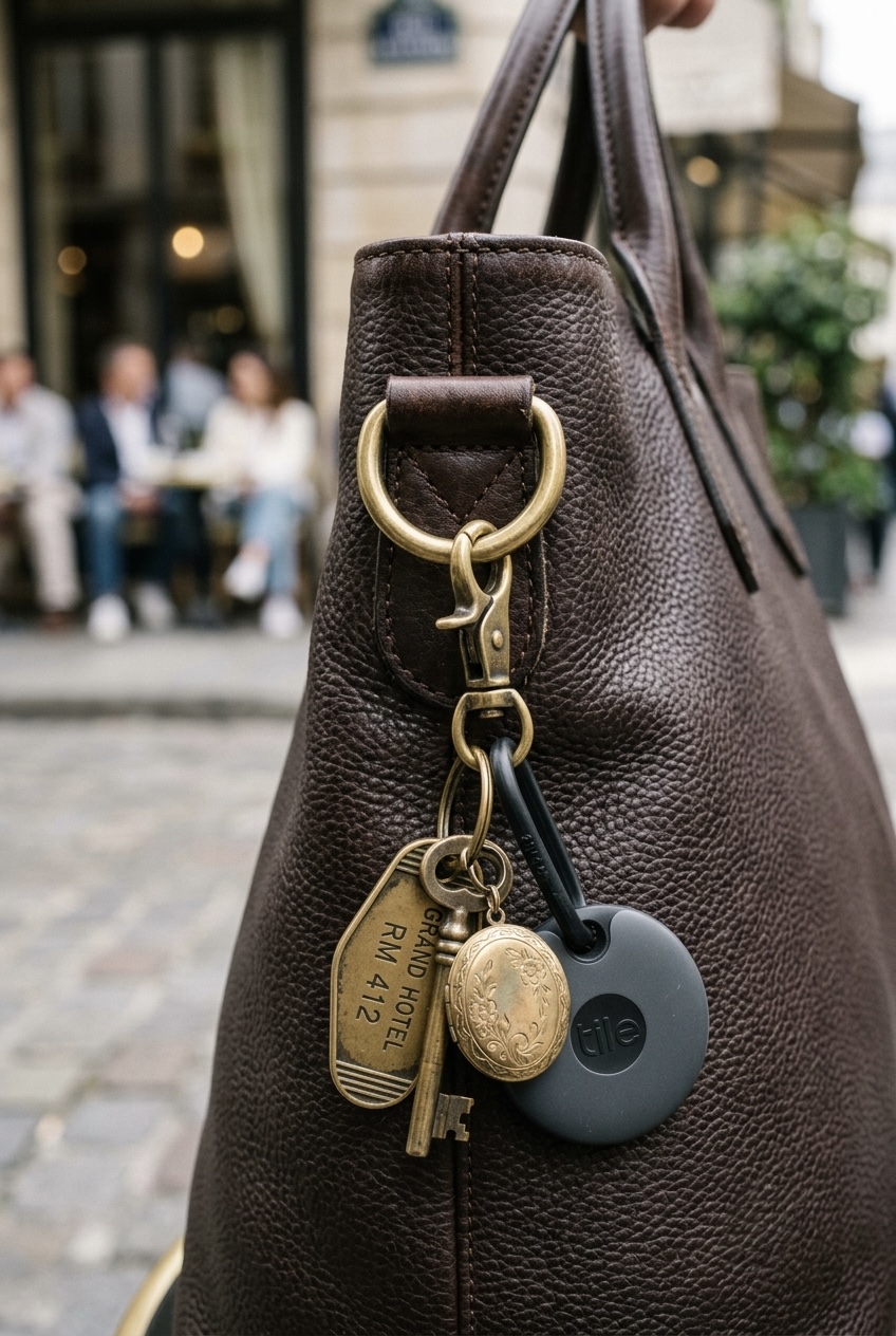 Vintage brass keychains and an heirloom bag charm clipped onto the handle strap of a lived-in everyday leather tote.