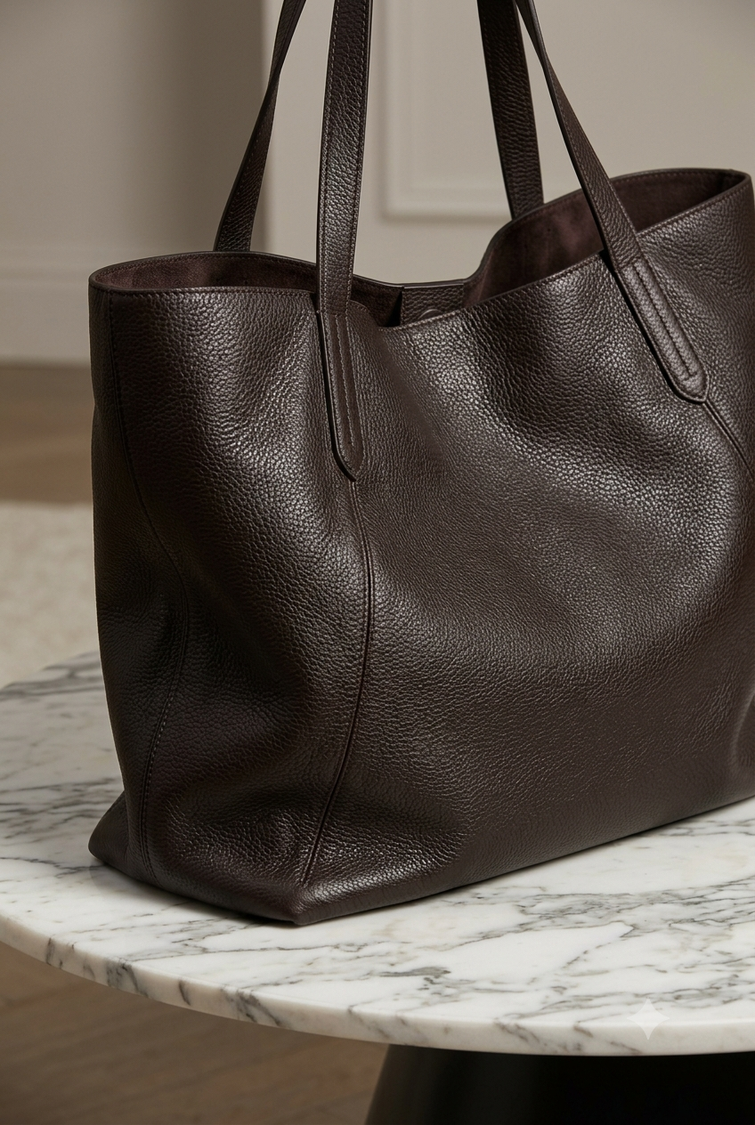 Unstructured top-grain mocha brown leather tote bag with a slouchy, relaxed silhouette designed for daily work utility.