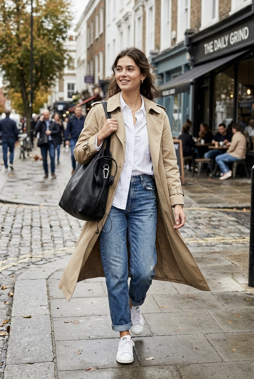 Fashion insider carrying an oversized Birkin-ified leather tote bag paired with sharp menswear tailoring for an effortless anti-perfection office look.