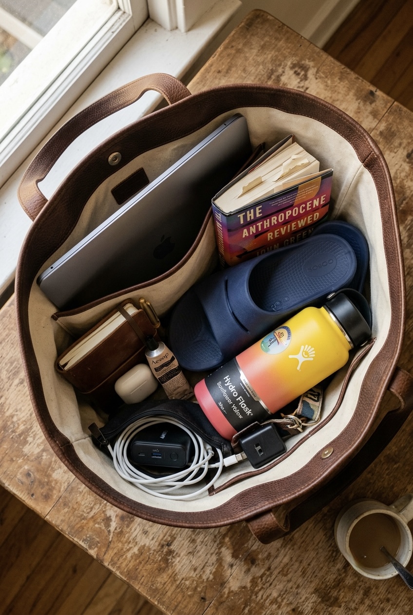 Flat lay of an unstructured mocha leather shopper bag curated with personal charms, ribbons, and daily work essentials.