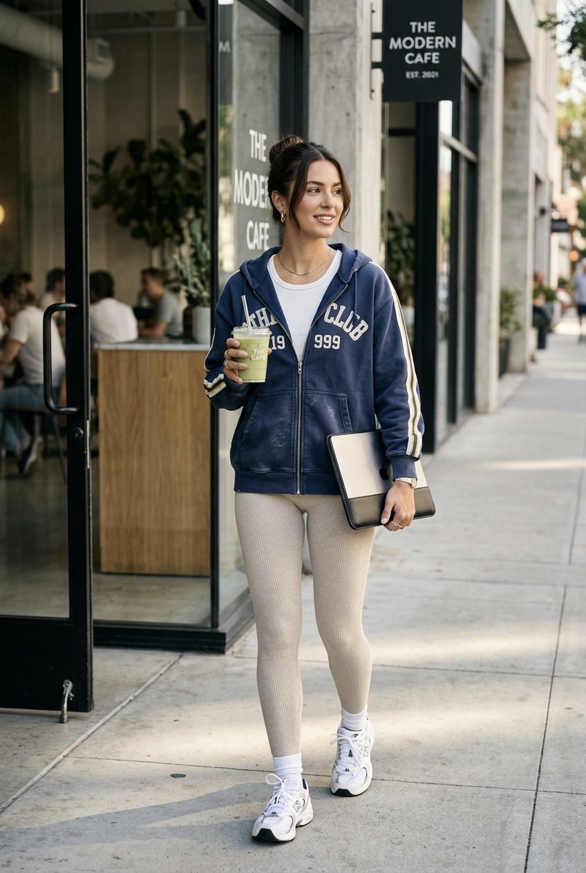 Woman wearing an elevated Y2K gym aesthetic outfit featuring a cropped zip-up hoodie and high-waisted leggings while walking outside.