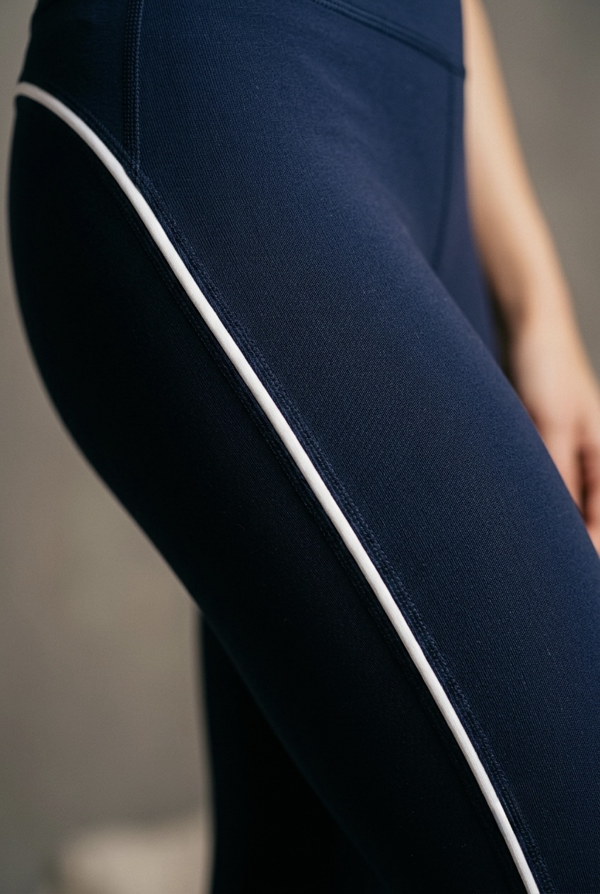 High-waisted deep mocha brown performance leggings featuring narrow cream contrast piping running down the side seams.