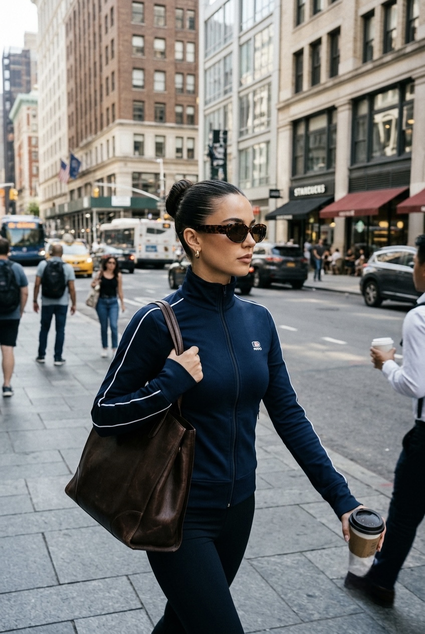 Woman wearing a zipped-up navy track jacket styled with tortoiseshell sunglasses, gold huggie earrings, and an architectural leather tote bag.