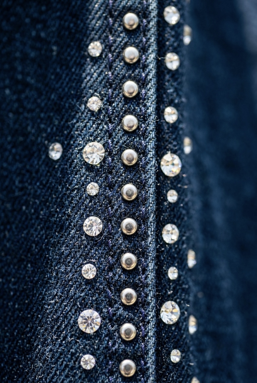 Dark indigo straight-leg denim jeans elevated with vertical silver micro-studding down the side seams for textural shimmer.