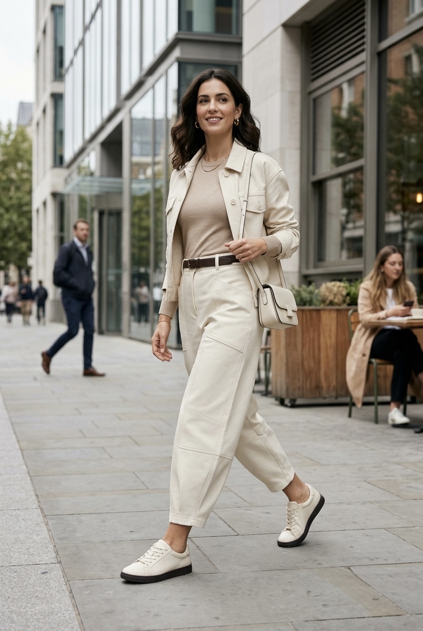 High-waisted architectural barrel-leg trousers in a desaturated beige twill curving outward at the thigh and tapering at the ankle.