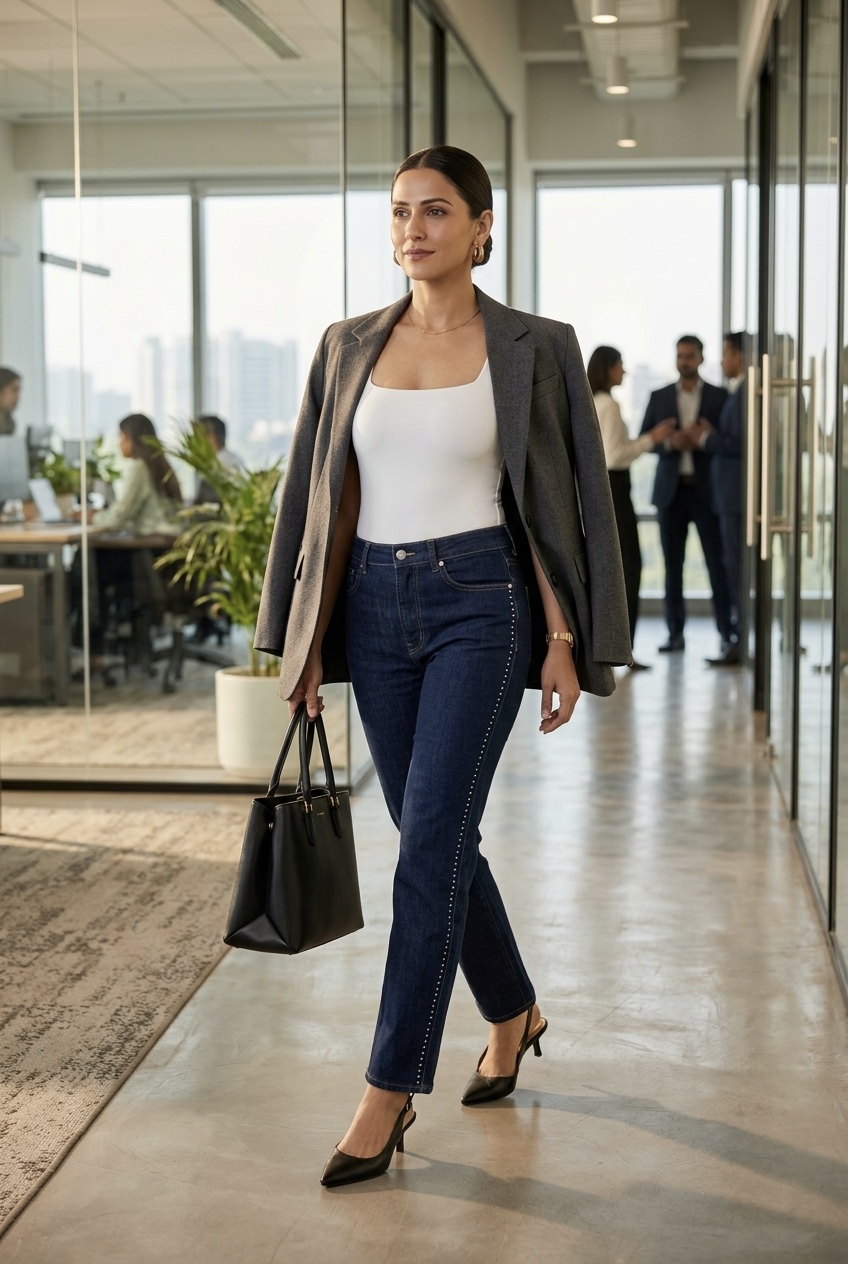 Woman wearing studded indigo denim styled with a sharp charcoal wool blazer and black leather slingbacks for a modern corporate office.