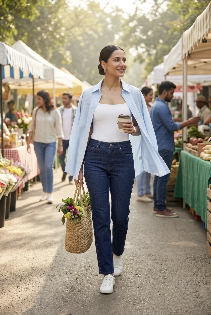 Woman wearing high-waisted cream barrel-leg utility trousers tucked into a mocha ribbed crewneck knit top with leather mules.