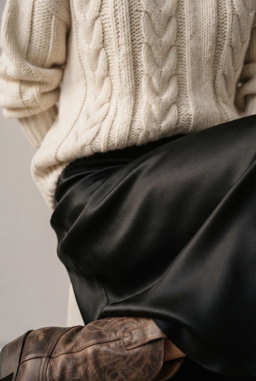 Close-up of fabric textures featuring a chunky cable-knit sweater and a satin maxi skirt.