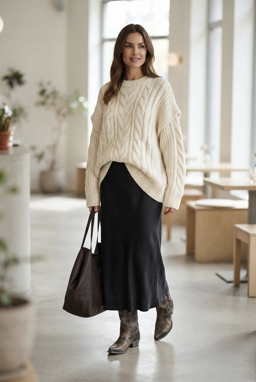 Outfit featuring an oversized cream cable knit, black satin maxi skirt, and distressed Western boots.