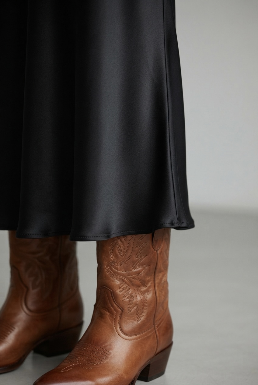 Detail shot of a satin maxi skirt hemline meeting classic cognac leather Western boots.