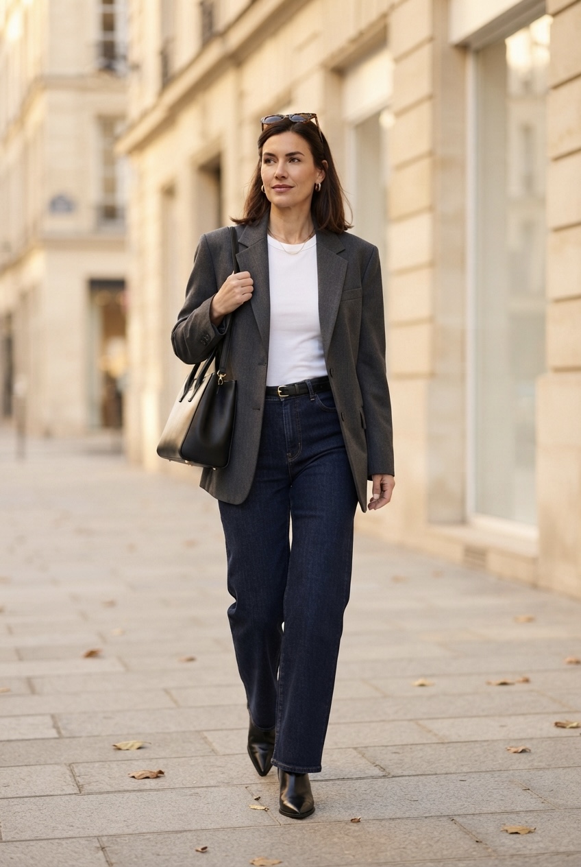 Woman wearing dark indigo wide-leg jeans styled with a sharp oversized blazer and leather pointed boots for business-casual office wear.