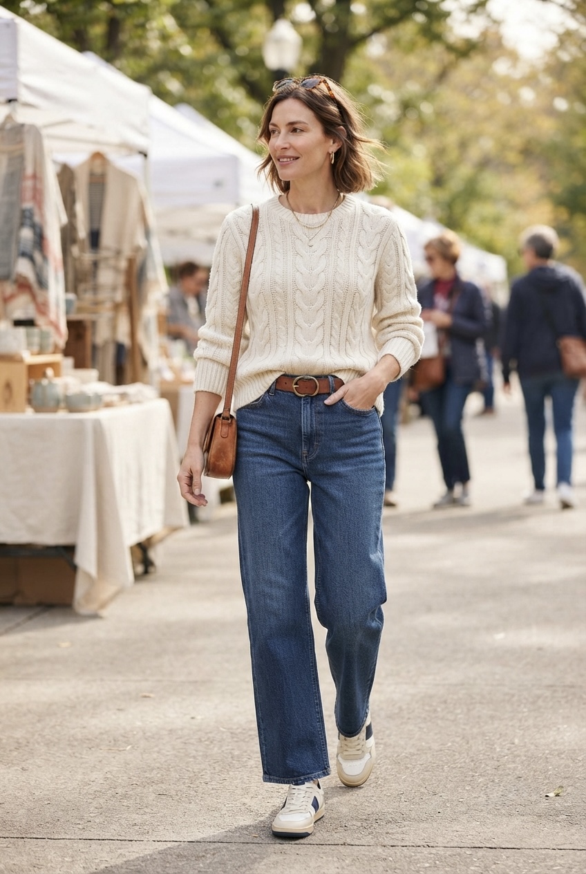 Woman wearing relaxed mid-rise wide-leg denim paired with a vintage off-white cable-knit sweater and retro sneakers for effortless weekend styling.
