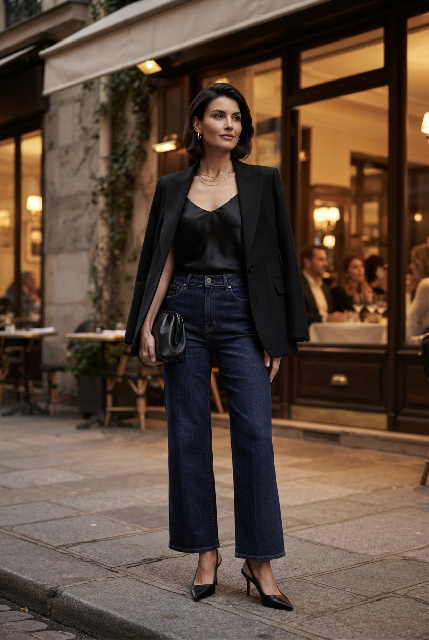 Woman styling high-waisted dark wide-leg jeans with a liquid black silk camisole and draped blazer for an autumn evening dinner outfit.