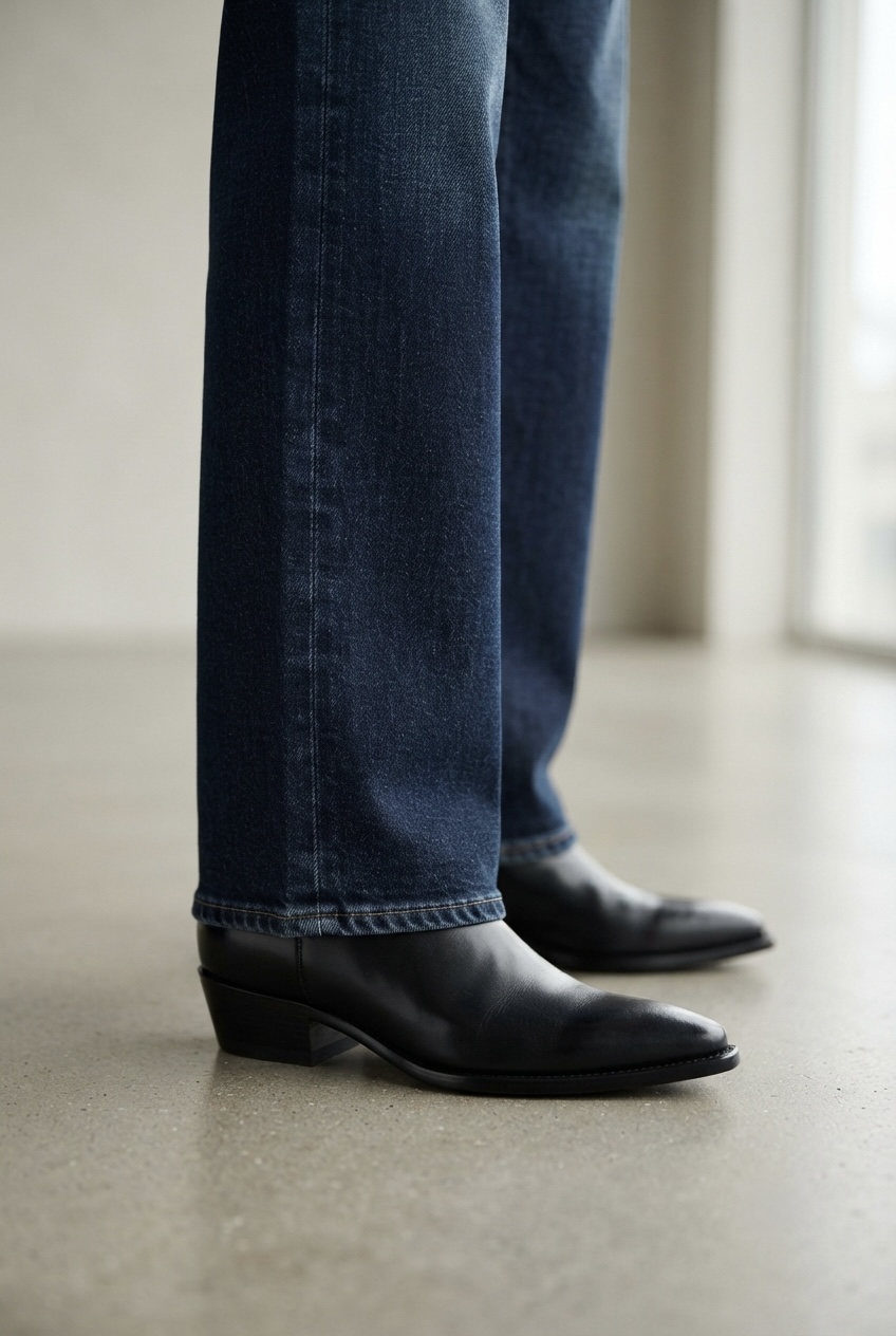 Close-up of clean dark-wash wide-leg denim hemline grazing perfectly over pointed-toe leather ankle boots to prevent fabric drag.