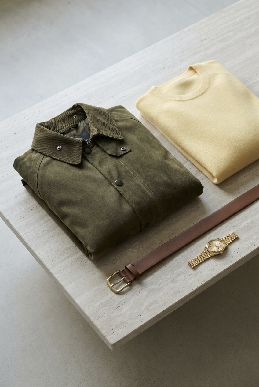 Close-up textural layers showing a napped olive suede barn jacket collar layered over a fine-gauge butter yellow cashmere crewneck sweater.