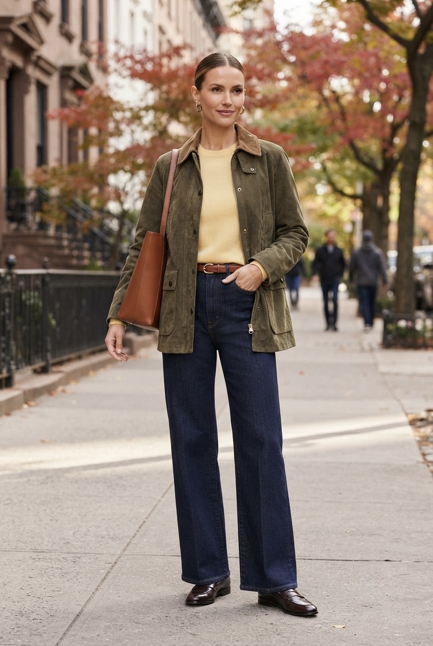 Full-length view illustrating clean garment proportions and tailoring when pairing a hip-length barn jacket with high-rise wide-leg denim.