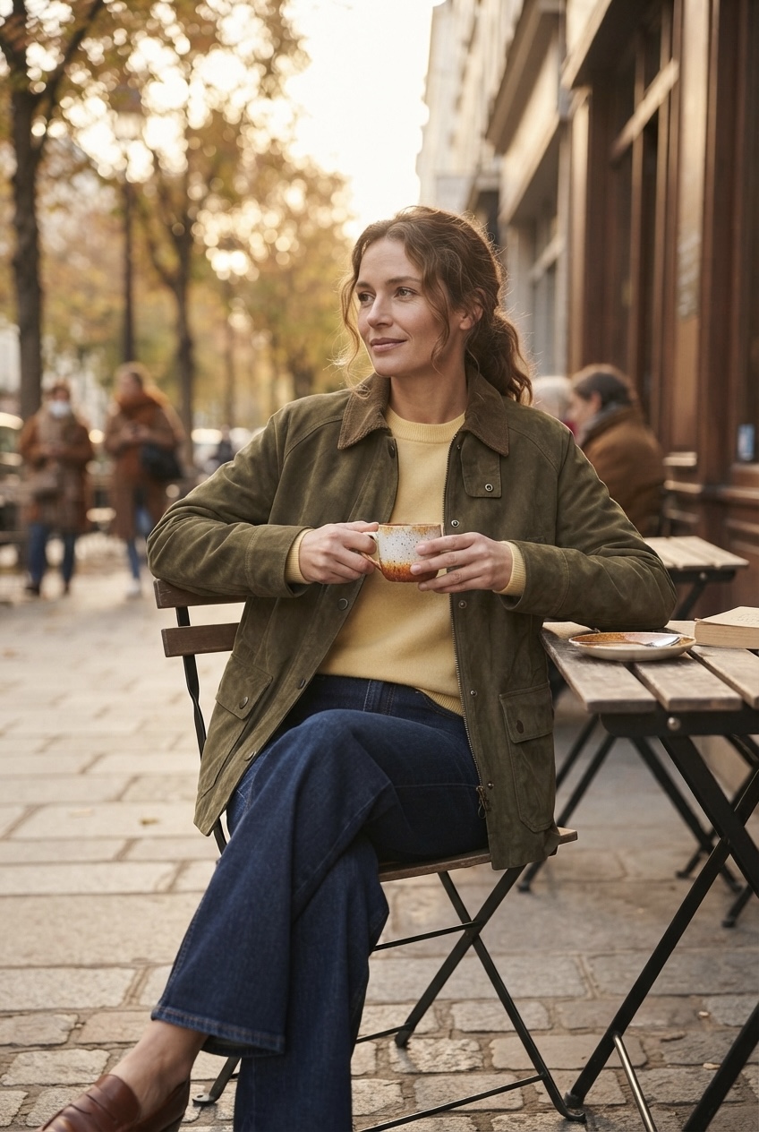 Woman wearing an olive suede barn jacket and dark indigo wide-leg jeans styled with chocolate leather loafers for a creative office setting.