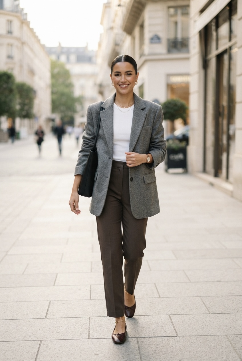 Close-up of modern professional fall styling featuring a heather grey wool blazer, a clean white base layer, and dark chocolate tailored trousers.