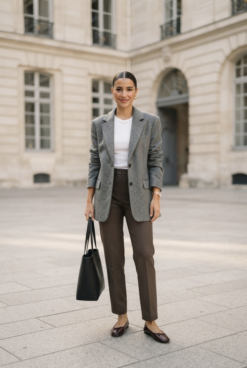 Full-length view illustrating clean proportions and tailoring when pairing a menswear-inspired grey blazer with wide-leg espresso trousers.