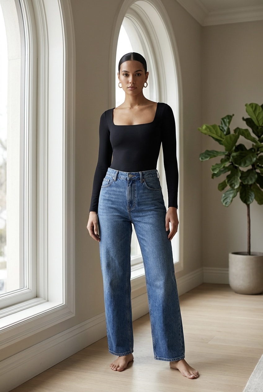 Woman wearing a black square-neck seamless bodysuit neatly tucked into medium-wash wide-leg jeans.