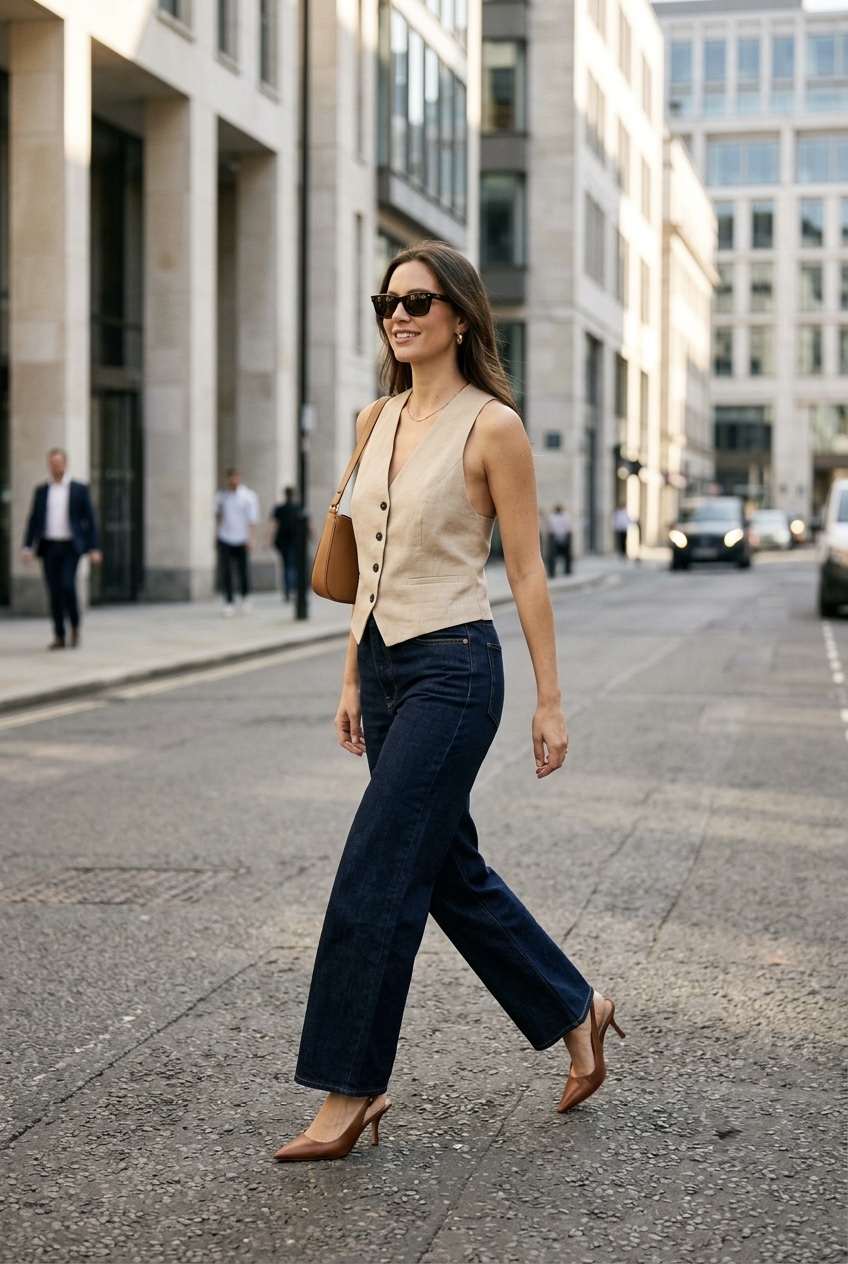 Street style model wearing a tailored beige suit vest buttoned over dark raw wide-leg jeans.