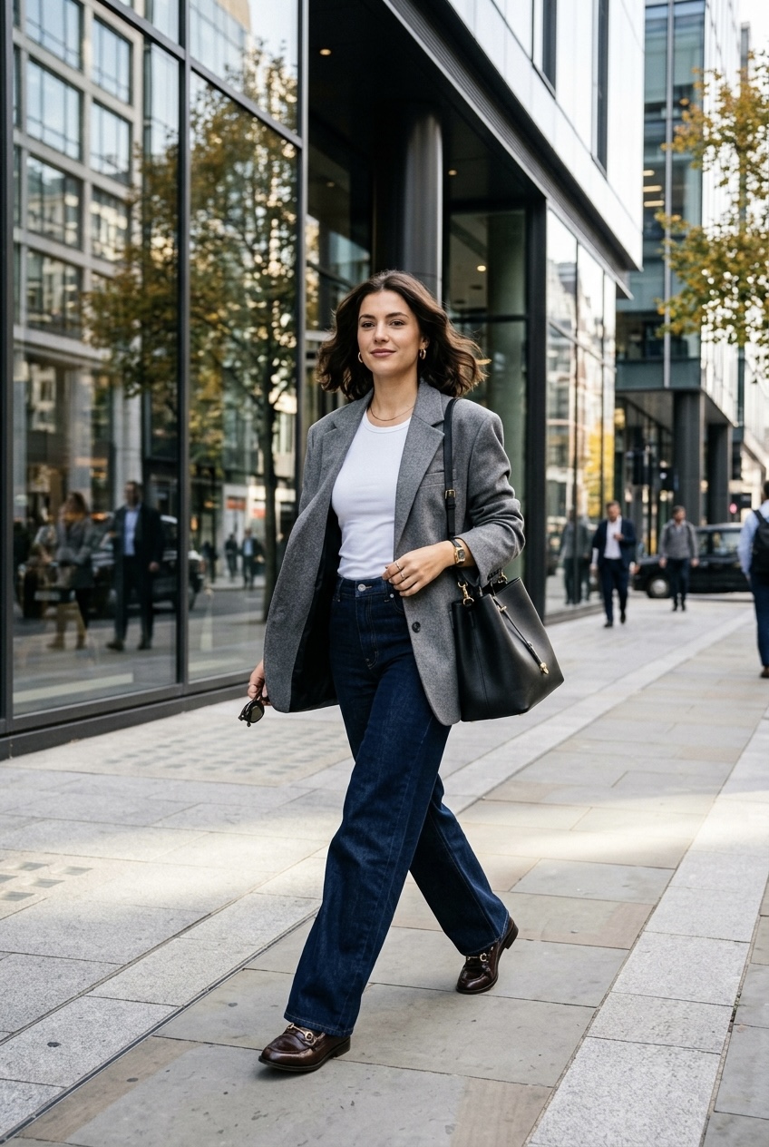 Young professional styling a grey oversized blazer left open over a fitted white tee and wide-leg jeans.