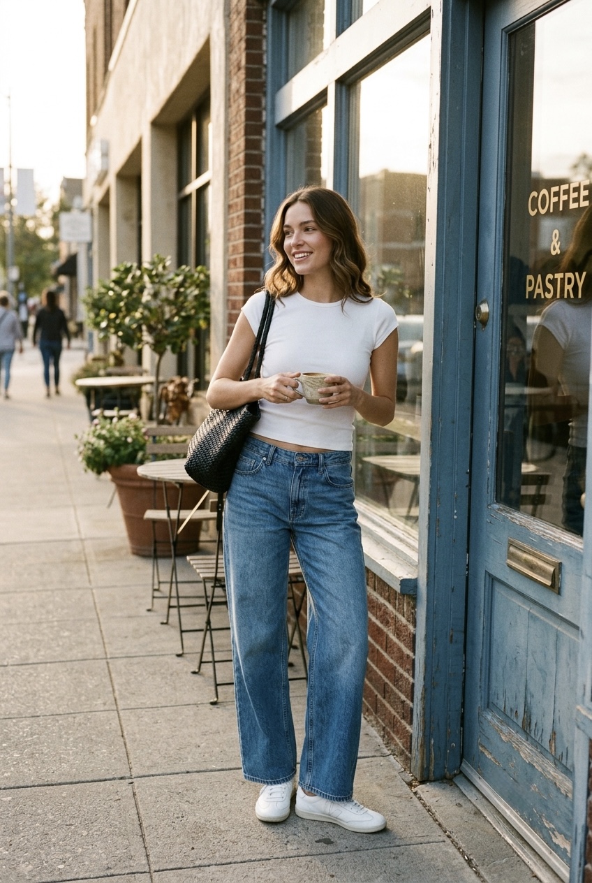 Woman wearing a fitted white cap-sleeve baby tee with relaxed wide-leg jeans and retro sneakers.