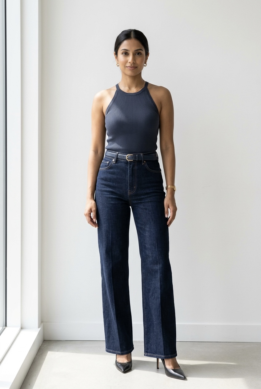 Petite model wearing a dark navy ribbed halter top with high-waisted dark wide-leg jeans and heels.