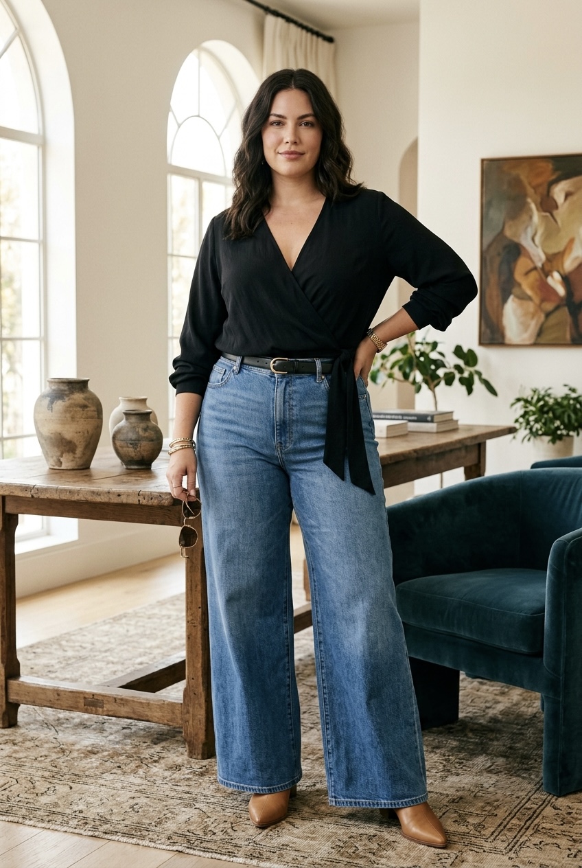 Midsize woman styling a black wrap top tucked into high-waisted wide-leg jeans.